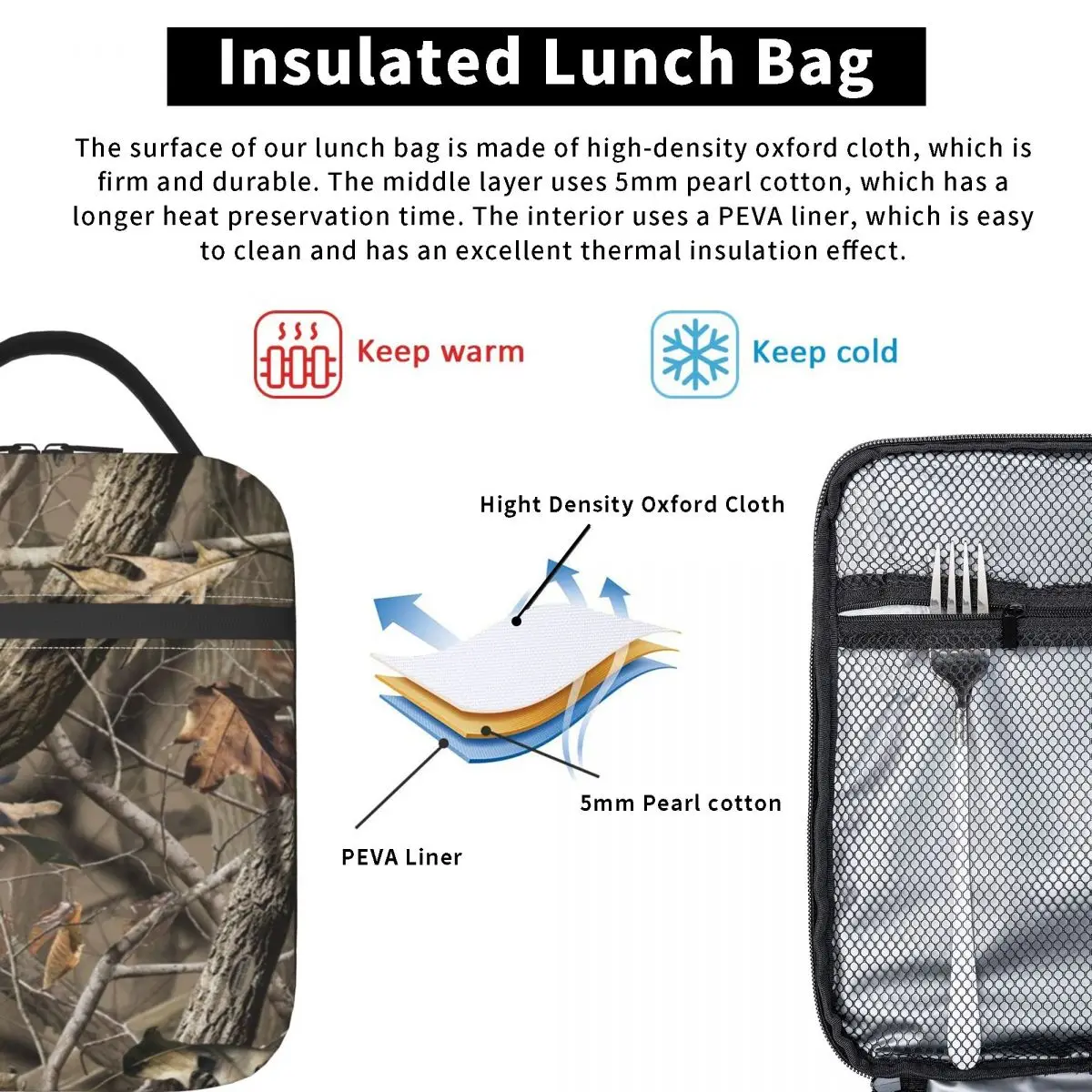 Real Tree Camouflage Insulated Lunch Bag for School Office Camo Portable Cooler Thermal Lunch Box Women Children