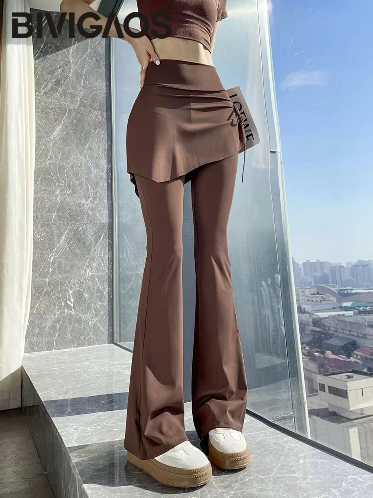 

BIVIGAOS New Spring Pantskirt Fake Two-Piece Drawstring Flared Leggings Women High Waist Sport Yoga Fitness Skirts Pants Legging