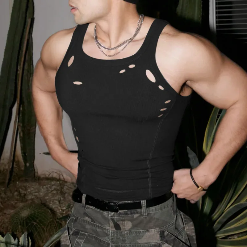 INCERUN Men Tank Tops Solid Color Hollow Out Sexy Male Vests Summer Streetwear O-neck Sleeveless Fashion Men Clothing Tops S-5XL