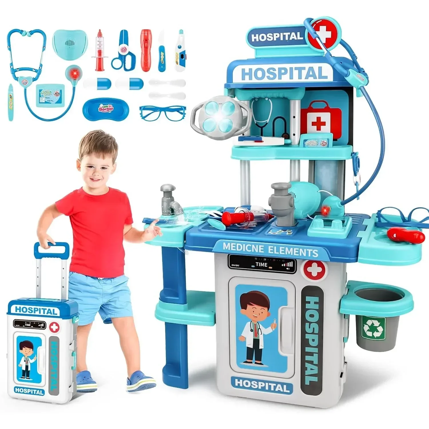 Kit de médecin 2 en 1 pour enfants, Station médicale de jeu de simulation avec stéthoscope, thermomètre, sons et lumières, jouets de médecin pour garçons et filles