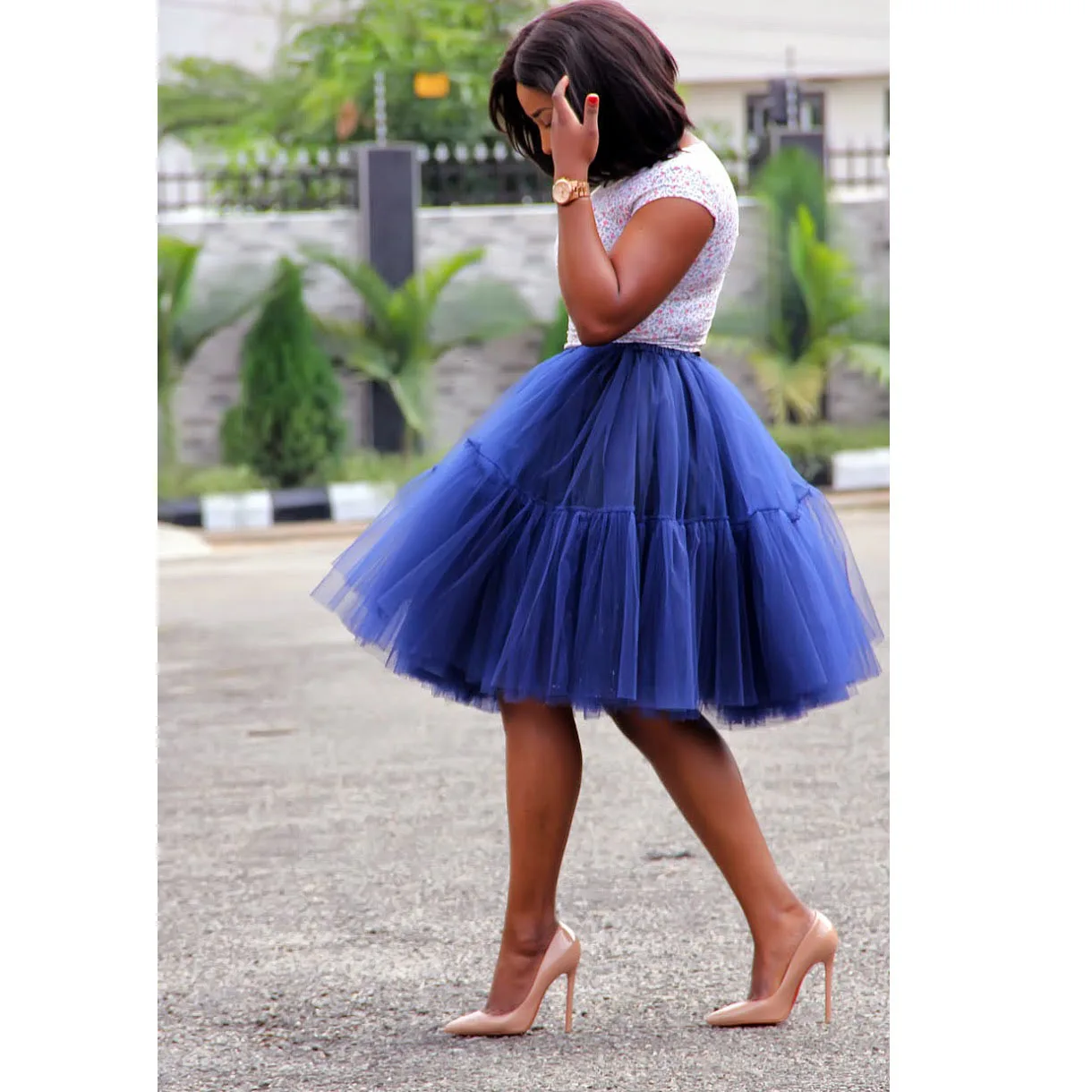 Fashion Handmade Royal Blue Midi Tulle Skirts With Bright Line Decoration Puffy Knee Length Tutu Tulle Women Skirt Female Bottom