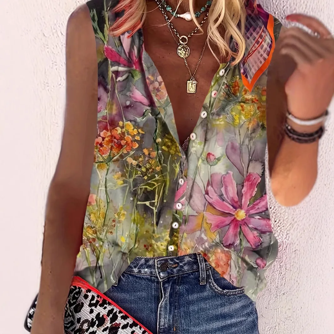 

Blouse Women Tops Women 2025 New Beach Shirt Summer Printed Sleeveless Women's Shirts