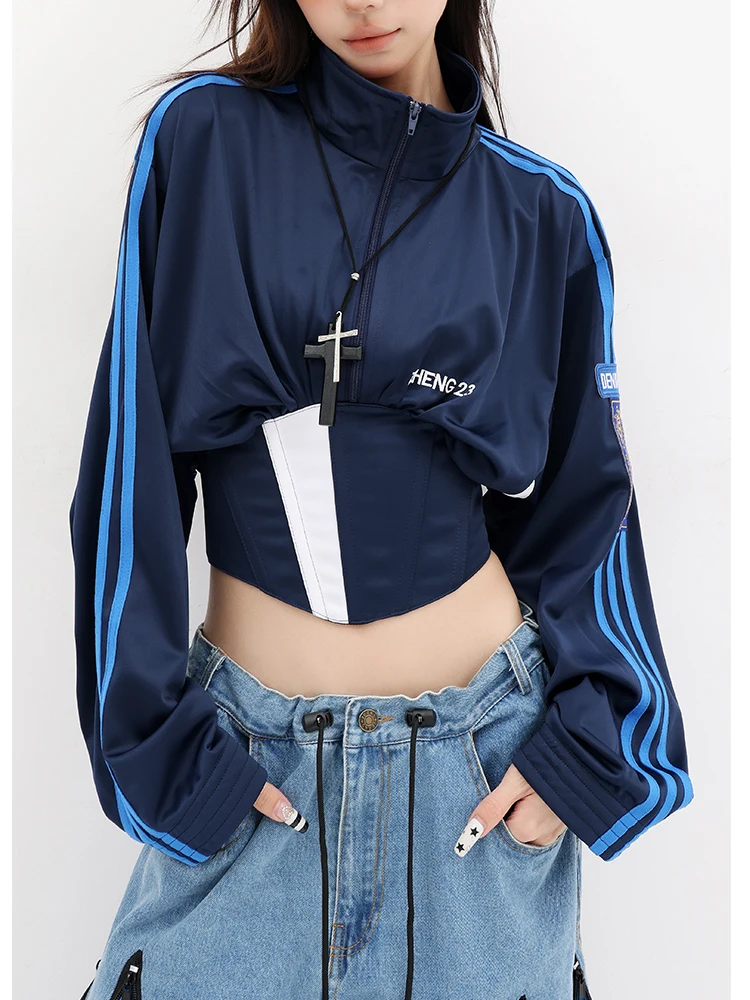 

Lautaro Autumn Cool Short Soft Color Block Patchwork Jacket Women Zippper Luxury Designer American Retro Lace Up Clothes 2025