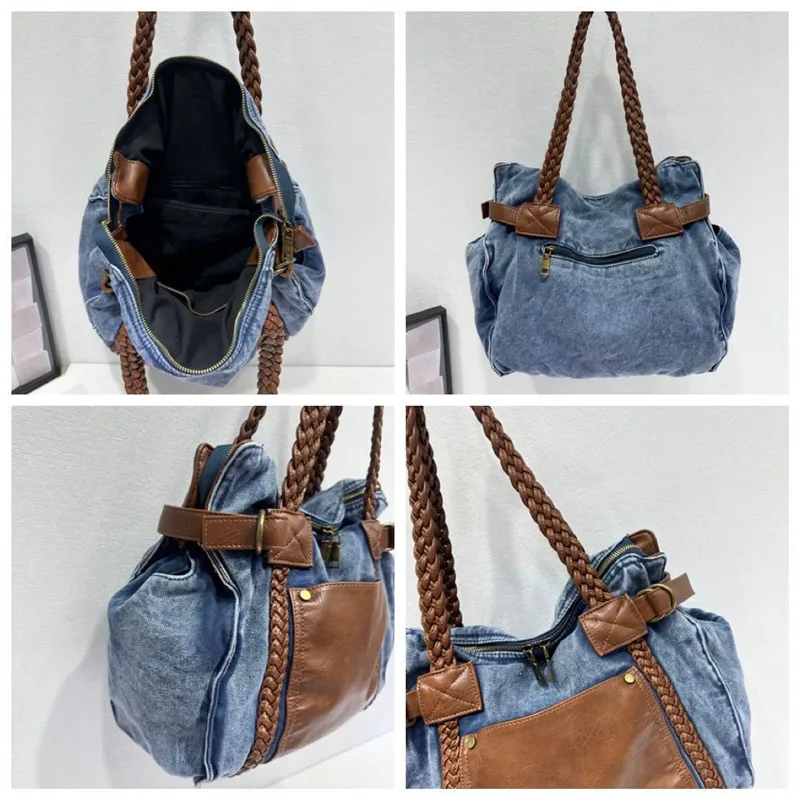 Vintage Denim Large Capacity Tote Bag Maillard Women Shoulder Bags Pu Leather Patchwork Crossbody Bag Big Shopper Purses 2026