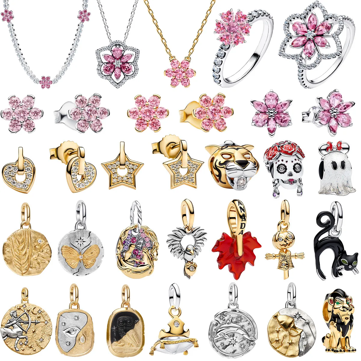 New Original 925 Sterling Silver The Twelve Zodiac Signs Cat Flower Earrings Pendant Necklace For Women's Jewelry Birthday Gift