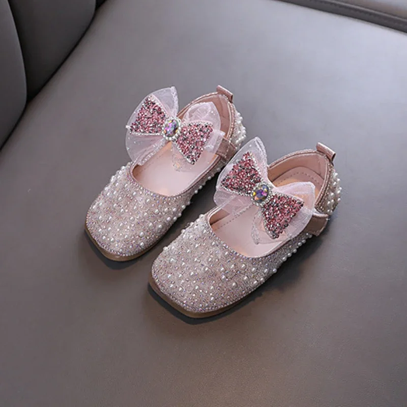 Girl Leather Shoe Sweet Bowtie Spring Autumn Children Pearl Causal Shoes Fashion Shallow Kids Wedding Party Flat Shoes Non-slip