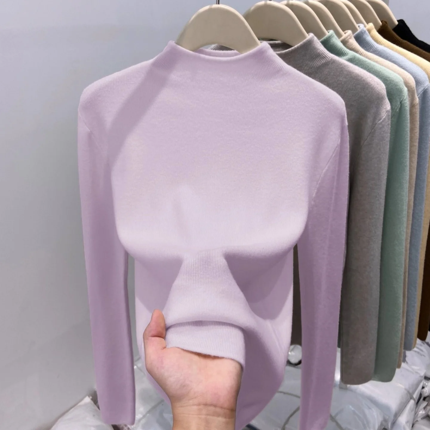 가을 겨울 여성용 부드러운 니트 이너 스웨터 긴팔 목폴라 풀오버 탑