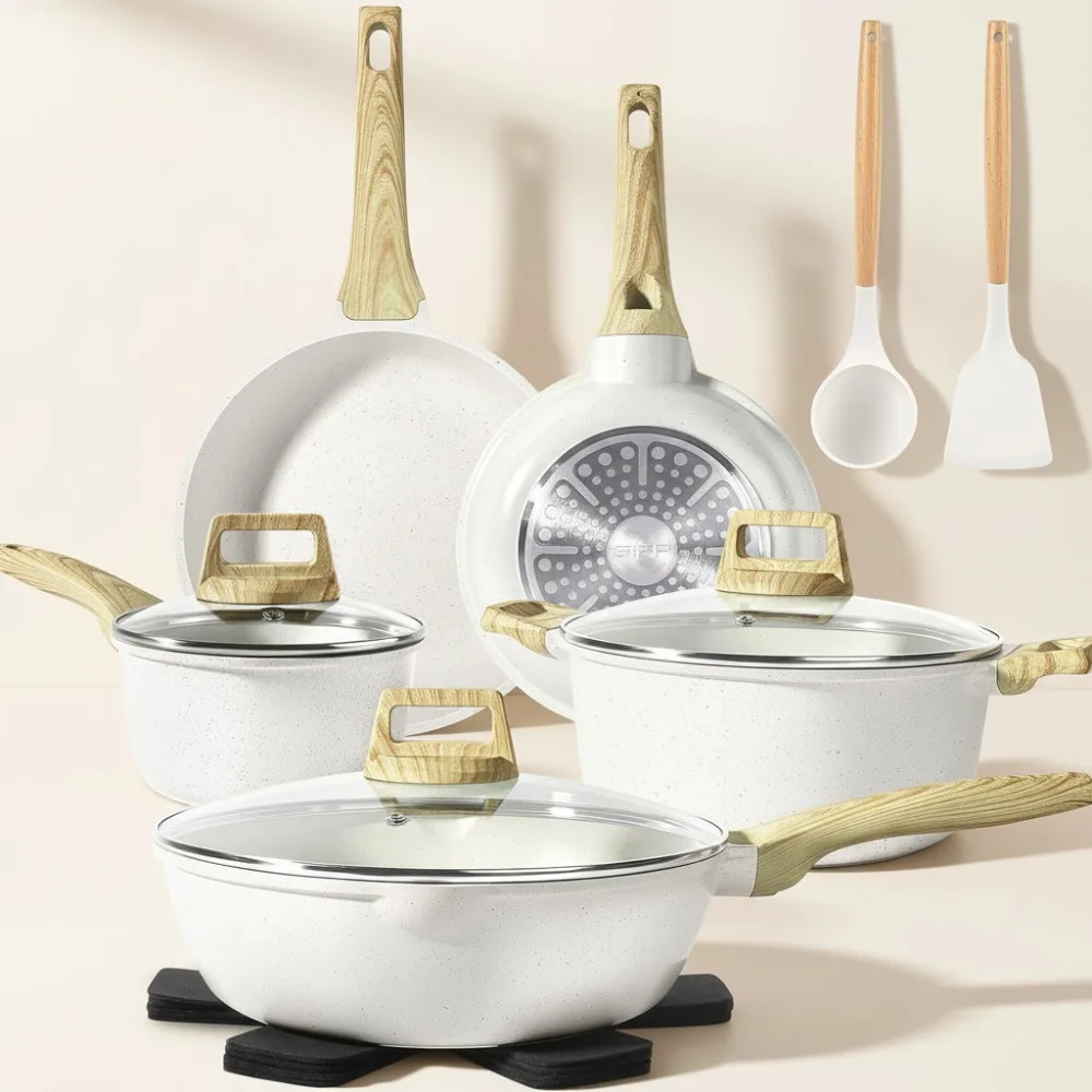 

Набор гранитной посуды с антипригарным покрытием, 14 предметов — индукционная совместимость, без PFOS/PFOA, легко чистящиеся кухонные кастрюли и сковороды