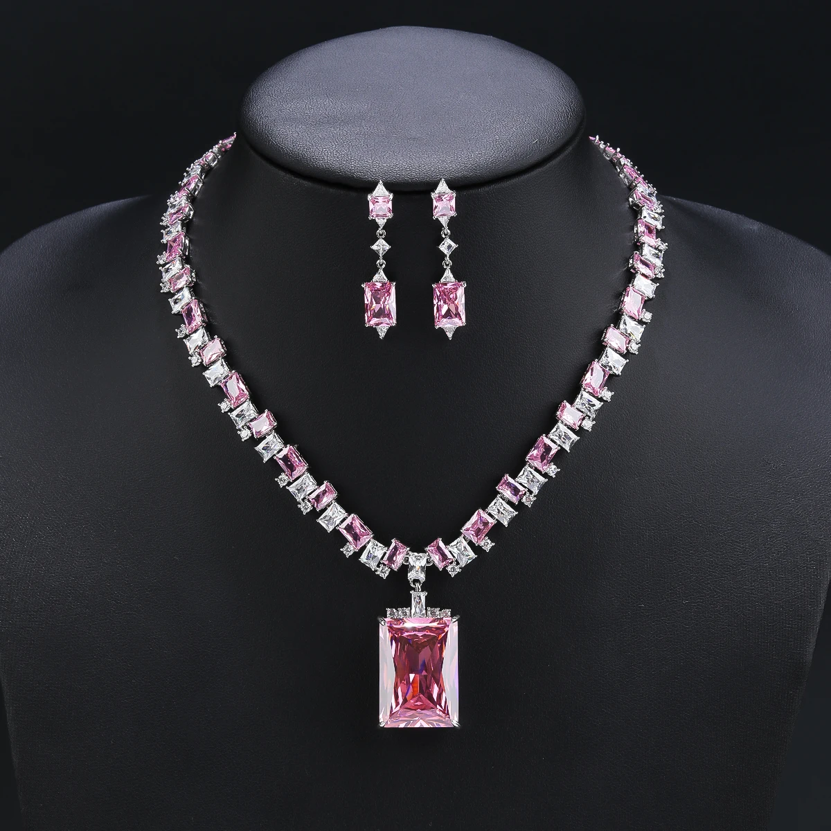 Luxury Bridal Wedding Jewelry Set Rectangular Shape Cubic Zirconia Ladies Party Necklace Earrings Set  CN11316