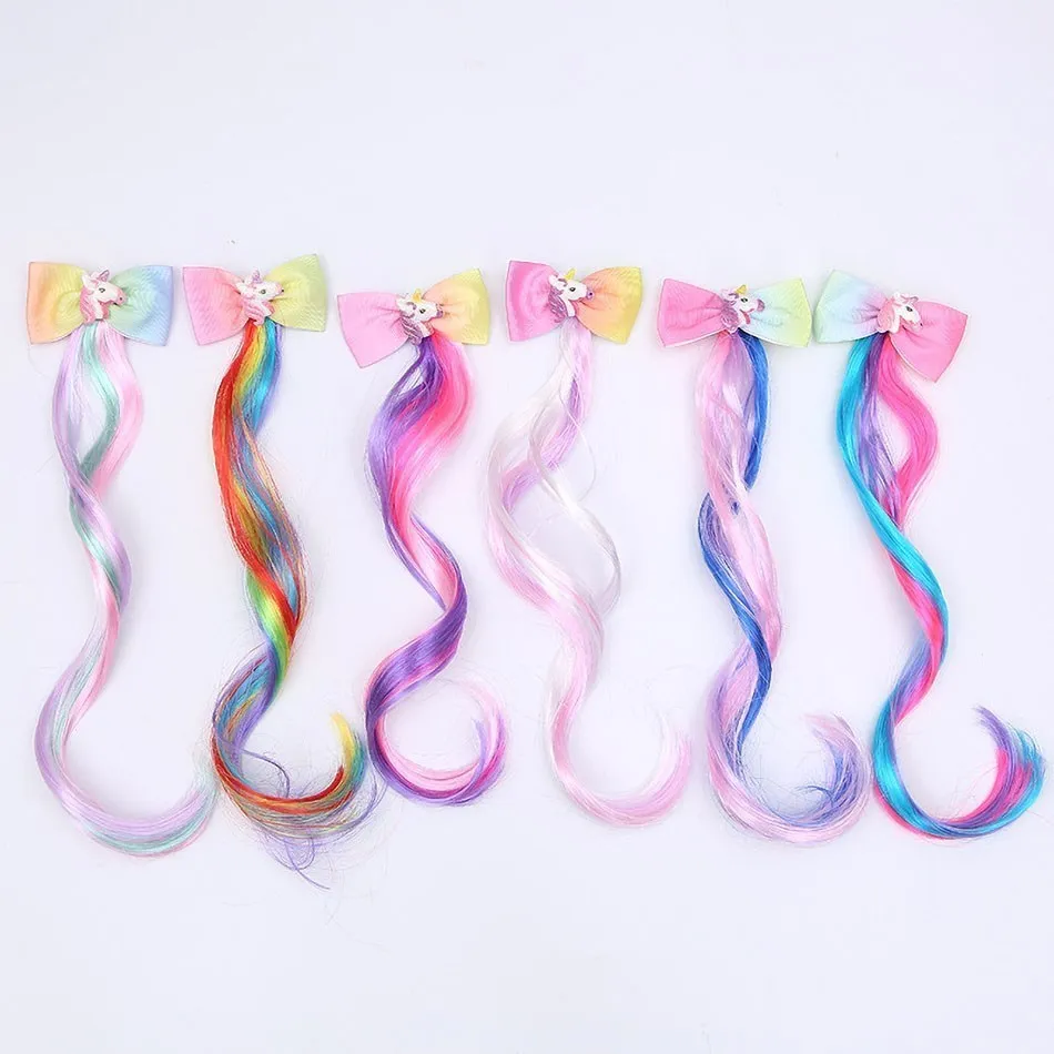 Kids Rainbow Hair Clips Unicorn Hair Extensions for Girls Children Ponytail Holder Baby Princess Barrettes Hair Bow Accessories 