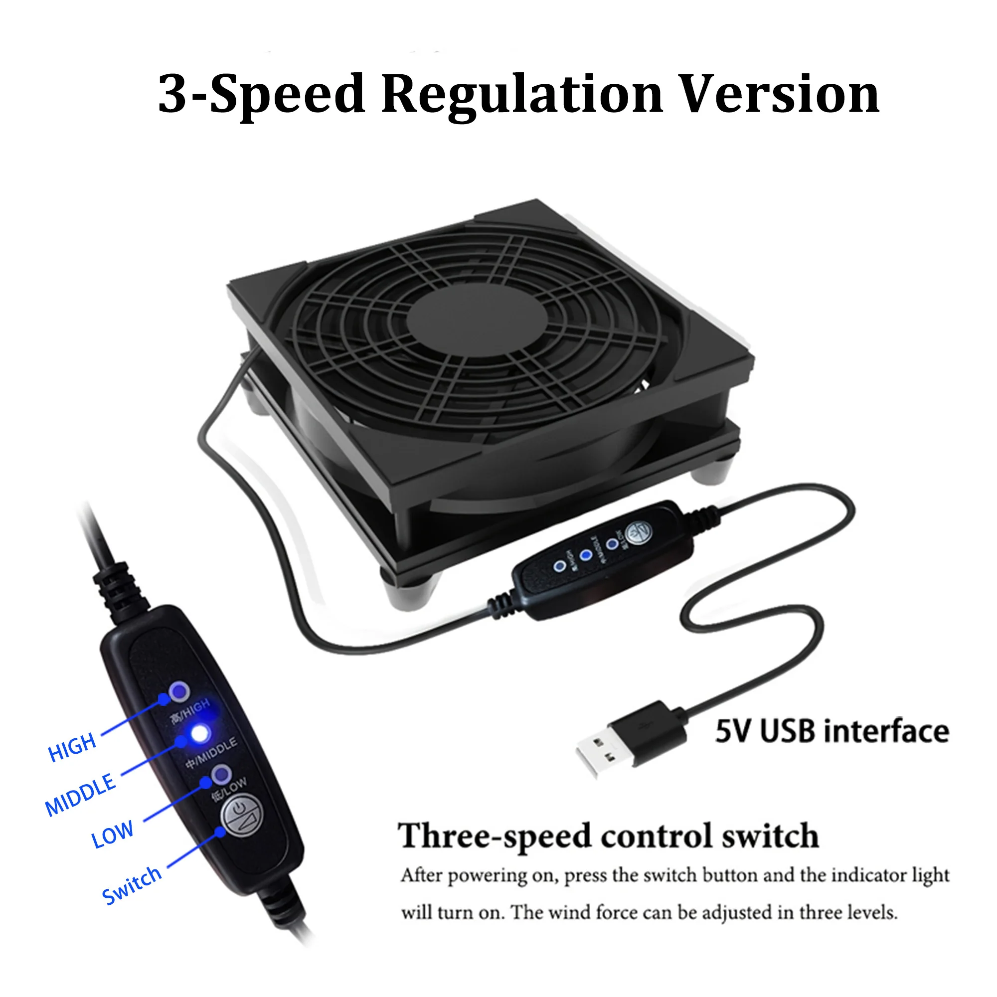 120mm 5V USB Router-Kühlventilator 3 Versionen: Standard / Ein-Tasten-Schalter / 3-stufig Einstellbarer Leiser Kühler für Router TV-Box PC