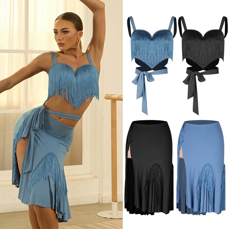 ZYM Costume de danse latine femmes hauts à franges fente gland jupe robe Sexy Cha Cha Performance vêtements adulte pratique porter DNV22789