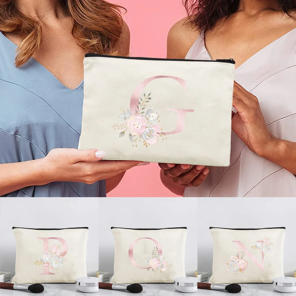 Plain Beige Zipper Makeup Bag With Pink Flower Letter Print Cosmetic Organizer Pouch for Makeup Brushes Lipstick and Powders