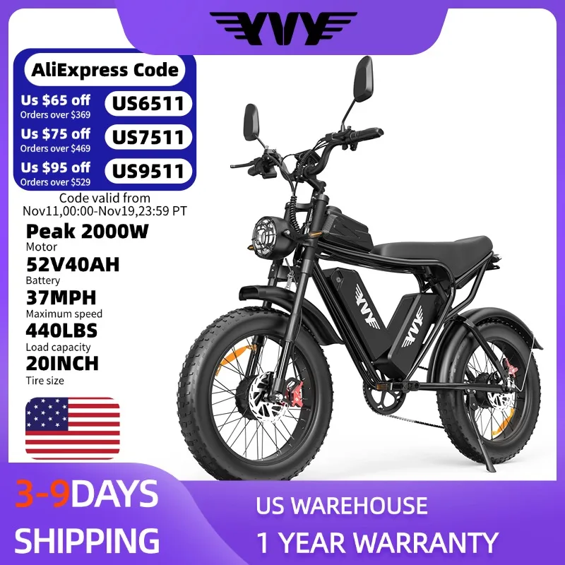 

Electric Bike for Adults 2000W 52V 40Ah Electric Bicycle 20"x4.0 Fat Tire Electric Dirt Bike Ebike for Snow Mountains Road UL
