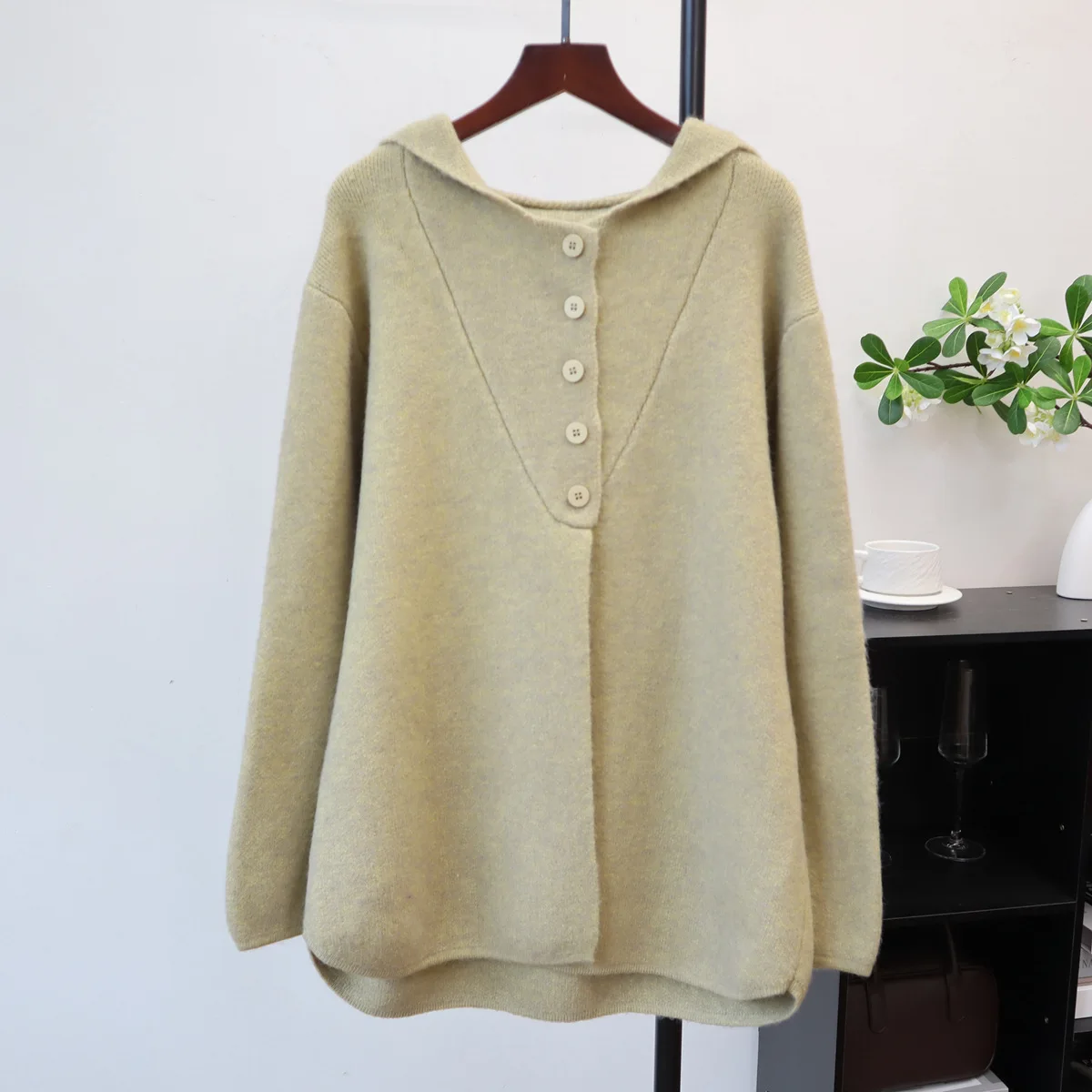 

Women Hooded Cardigan Jumper Knitted Solid Sweaters Bottom Placket Hem Slit Long Sleeve Loose Casual Office Lady 2025 Autumn