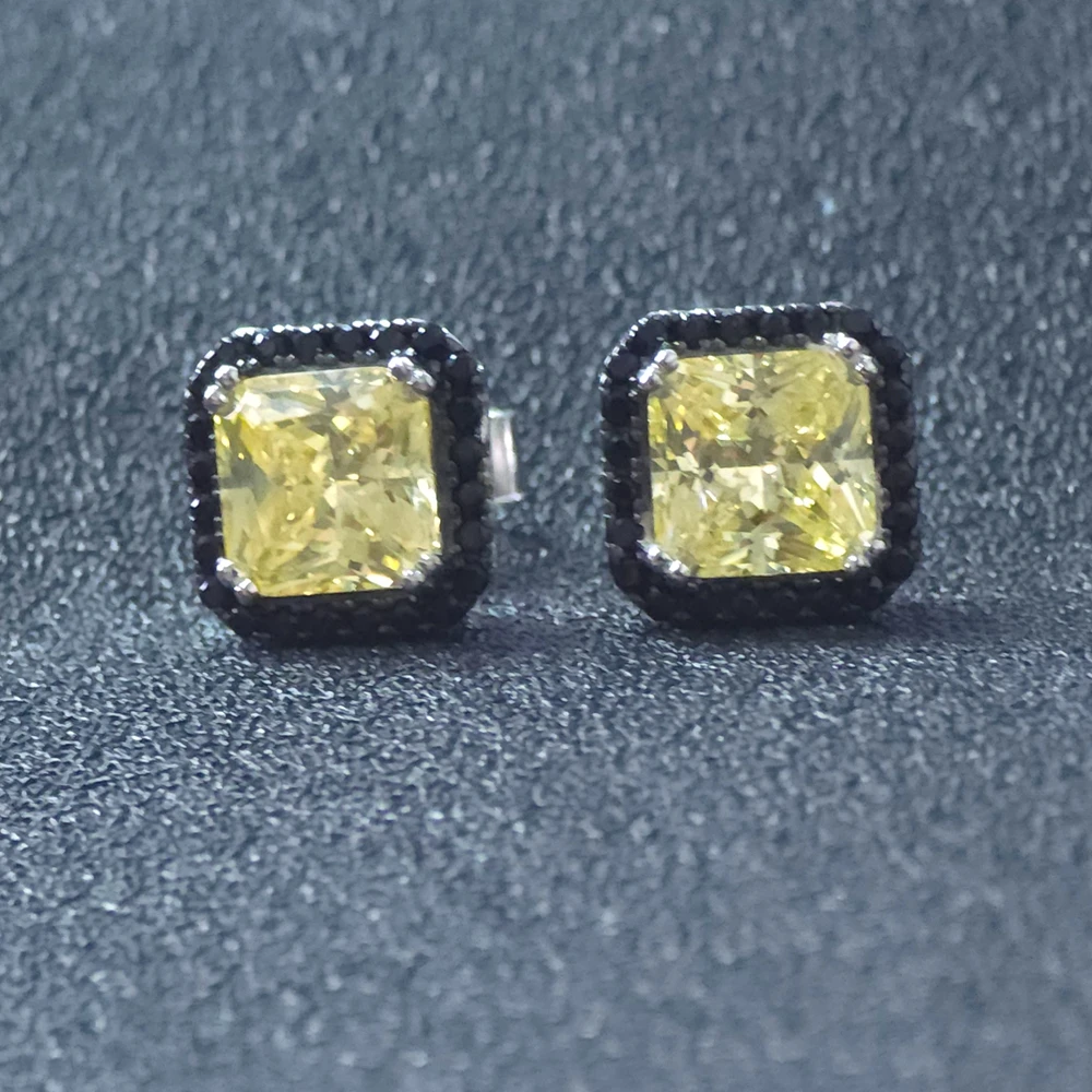 KQDANCE Solid 925 Sterling Silver With Square Yellow High Carbon Diamond And Black Zircon Stone Stud Earrings Women Jewelry