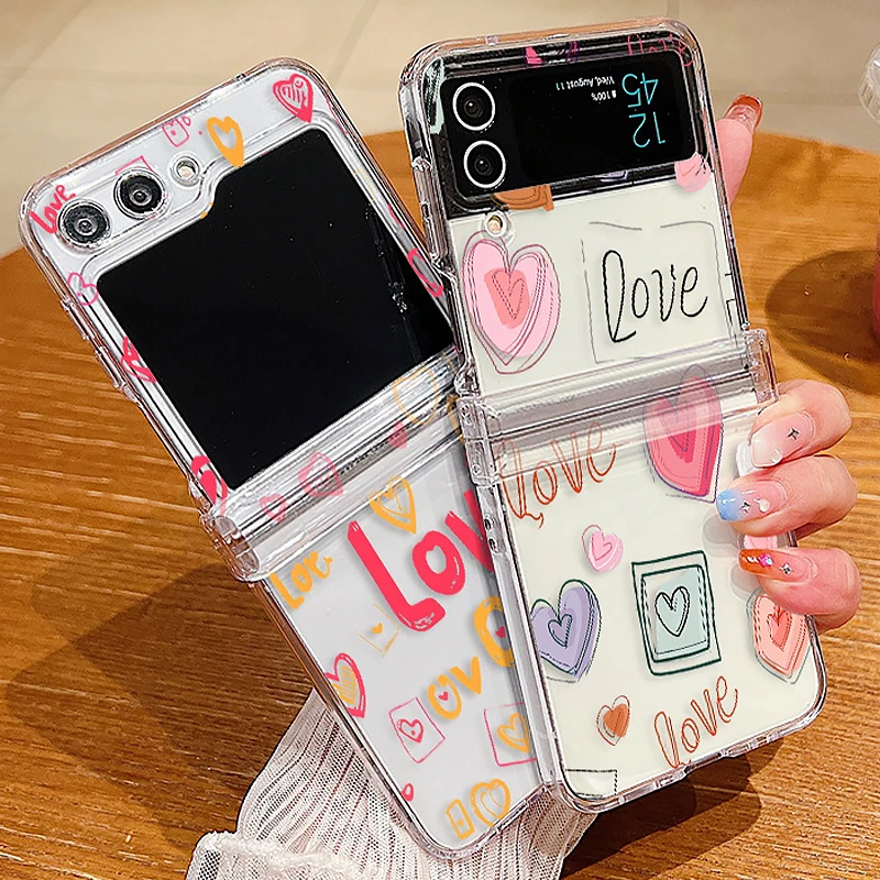 Love Heart Pattern Transparent Phone Case For Samsung Galaxy Z Flip 5 4 3 5G Hard Folding Cover For Samsung Z Flip5 Flip4 Flip3