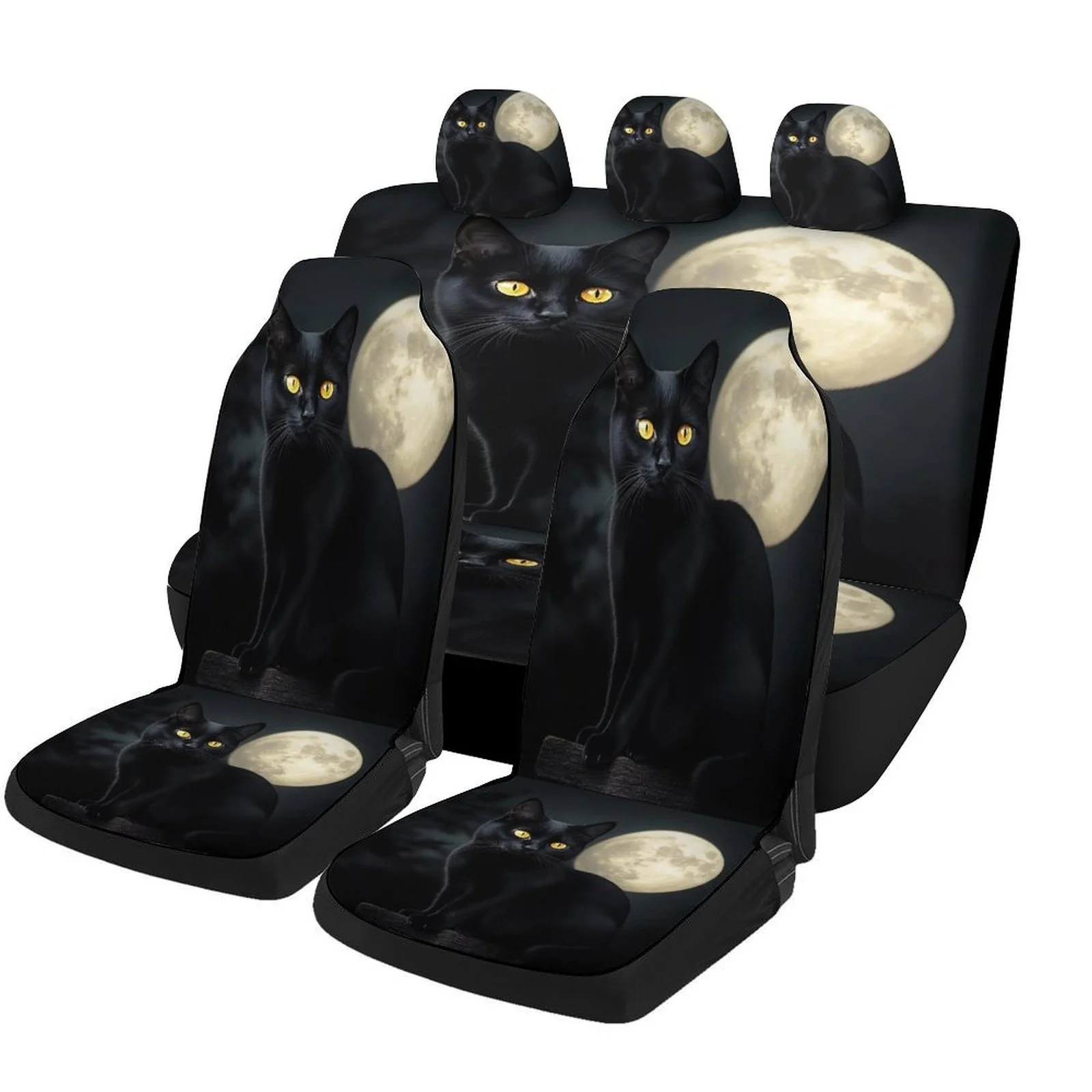 Juego de fundas para asientos de coche con diseño de gato negro y luna para la mayoría de los coches, fundas protectoras para asientos de coche de diseño novedoso y moderno, juego completo de fundas para asientos de coche