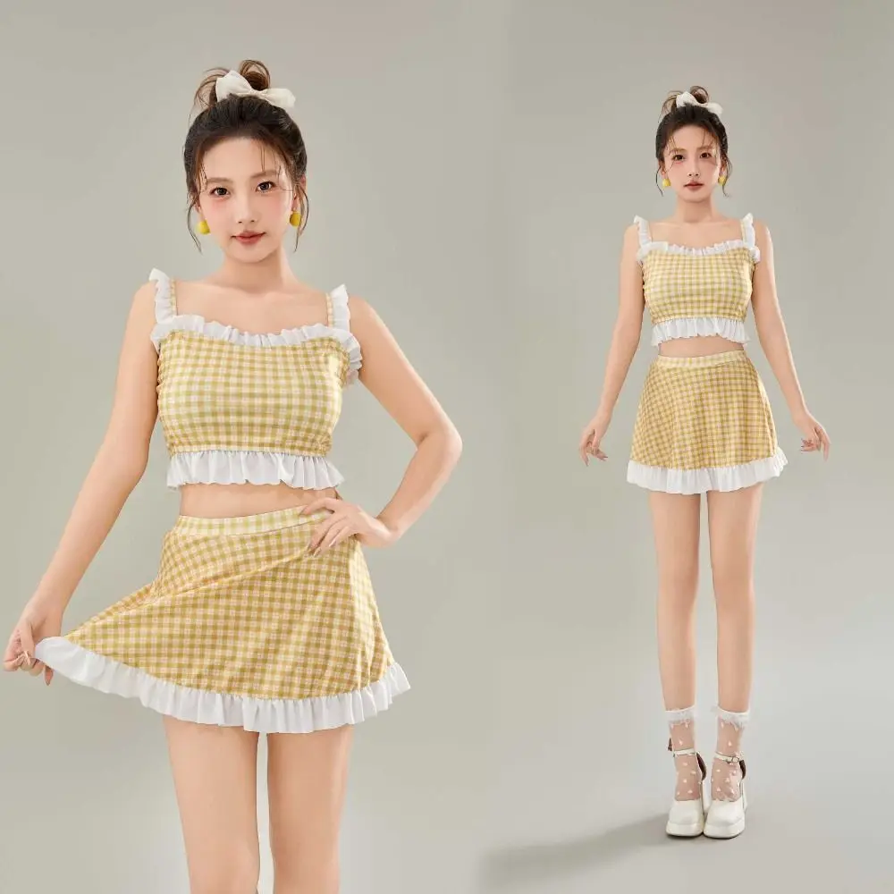 

Ruffled Edge Stripe Grid Swimsuit Suit Sweet Beachwear Skirt Bathing Suit Hot Spring Clothing Two Pieces Swimwear Bikini Set