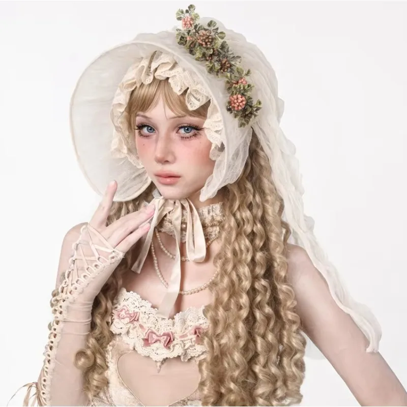 FallenVex StoreRetro Victorian Lolita Bonnet Hat Sweet Floral Lace Mesh with Ribbon Tie Elegant Country  Women Party Headpiece