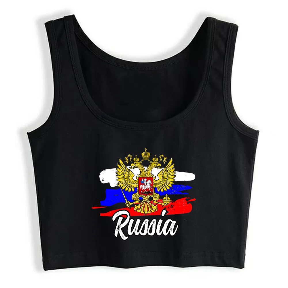 Russian Flag Russia Emblem Russian Eagle Two Heads Graphic Crop Top Girl's Cotton Sexy Slim Tank Tops Sports Fitness Camisole