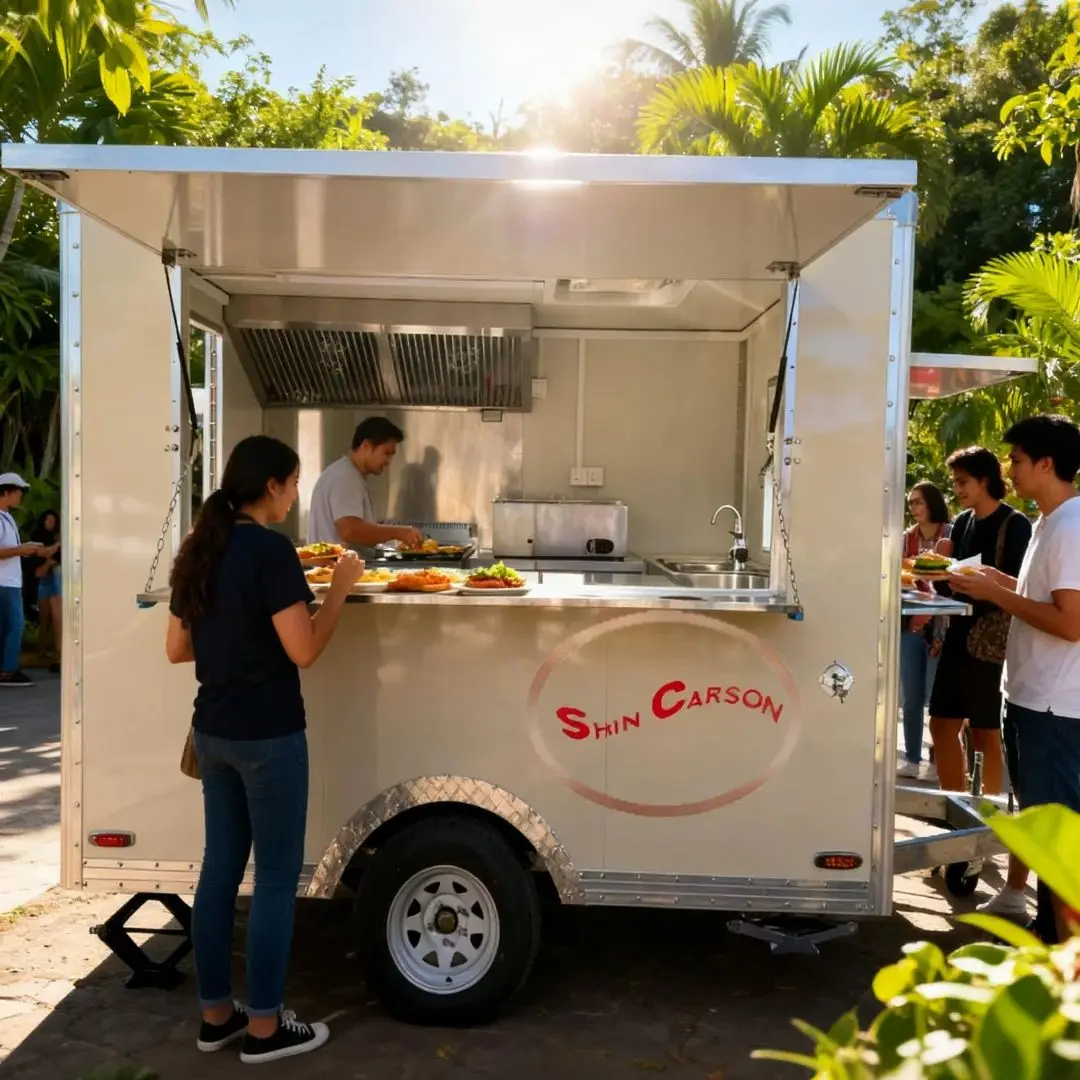 

High-End Designer Stainless Steel Food Cart with White Awning for Outdoor Vending