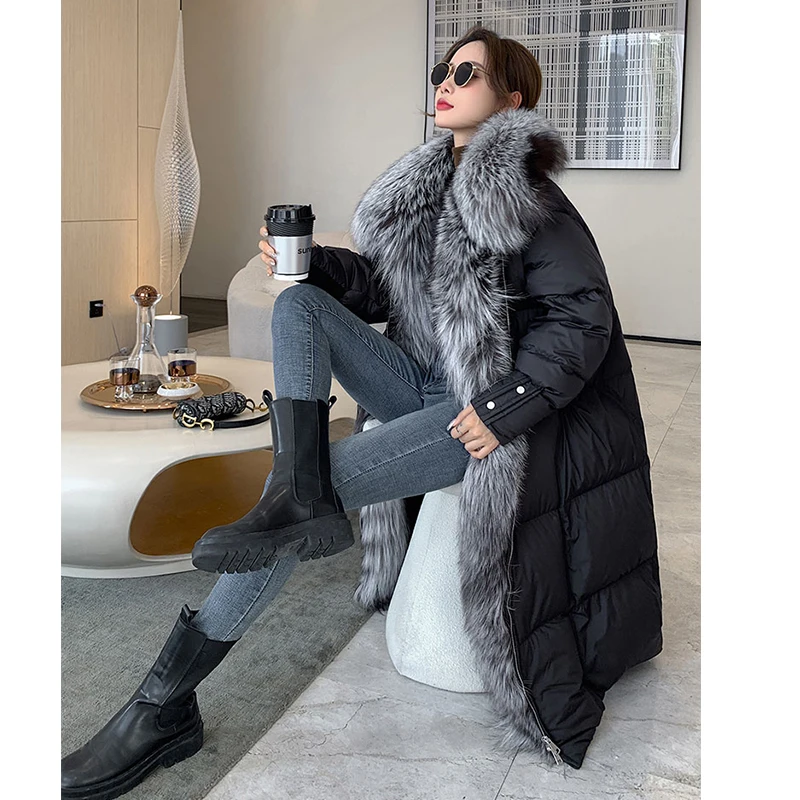 Furshehe Winter Women Long Real Fox Fur Collar White Goose Down Coat Parka Fashion Loose Jacket Warm Luxury Streetwear Outerwear