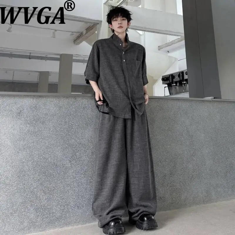 

WVGA 2026 Summer New Men's Tide Two Pieces Set Stand Collar Short Sleeve Shirt With Placket And Casual Wide Leg Pants Ins W24375