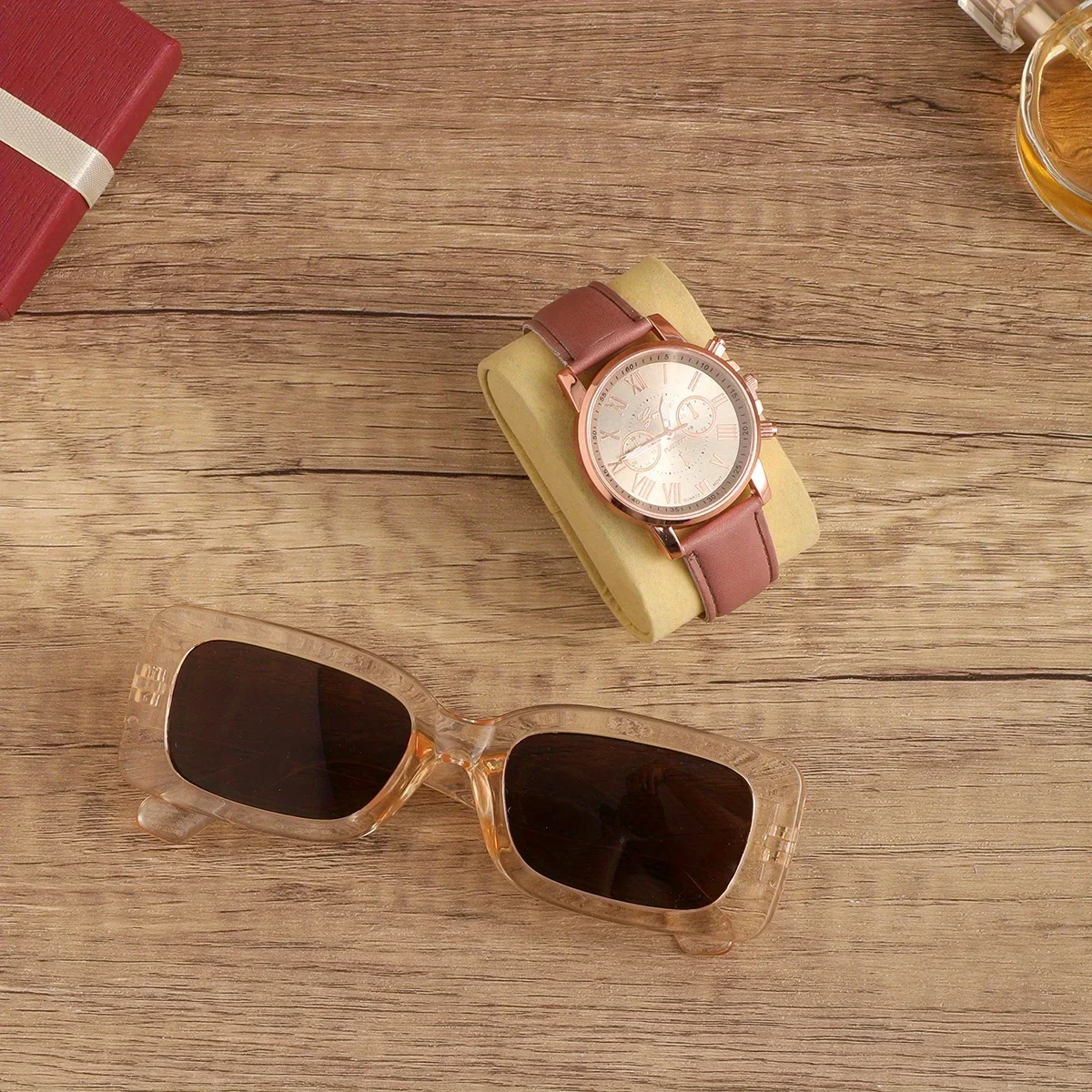 زوج أنيق من ساعات كوارتز نسائية أنيقة ونظارات عصرية - حزام جلدي صناعي عصري، أفضل خيار لتقديم الهدايا