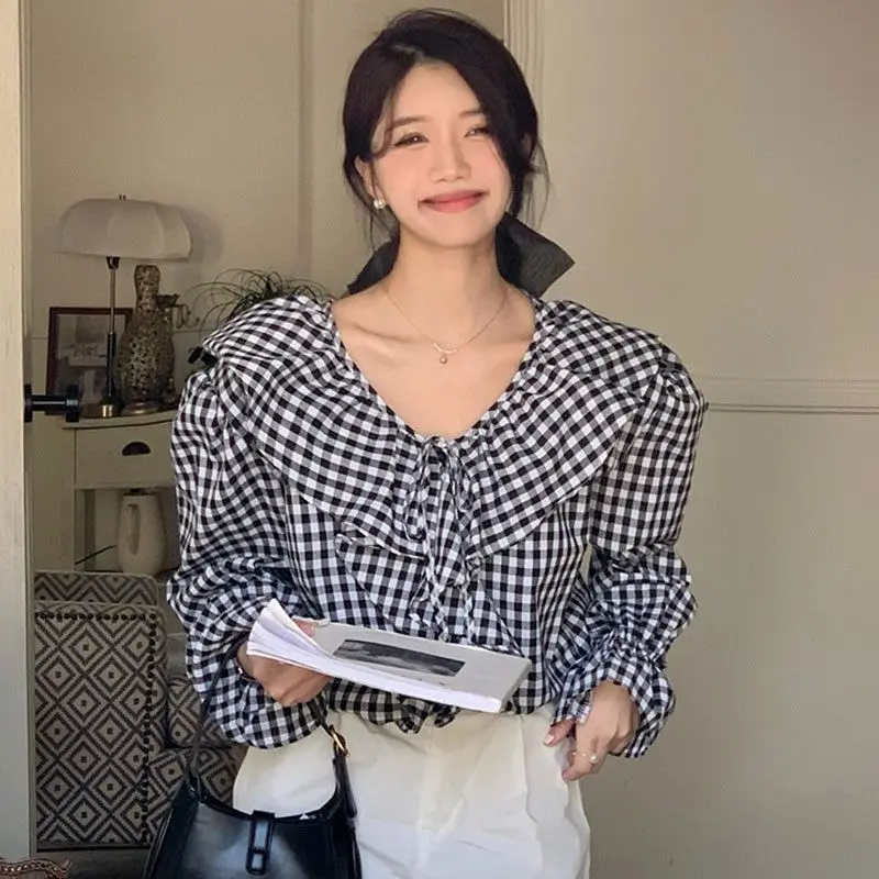 Vintage Ruffles Blouses for Women Puff Sleeve Korean Style Feminine Stylish Loose All-match Graceful Plaid Sweet Chic Leisure