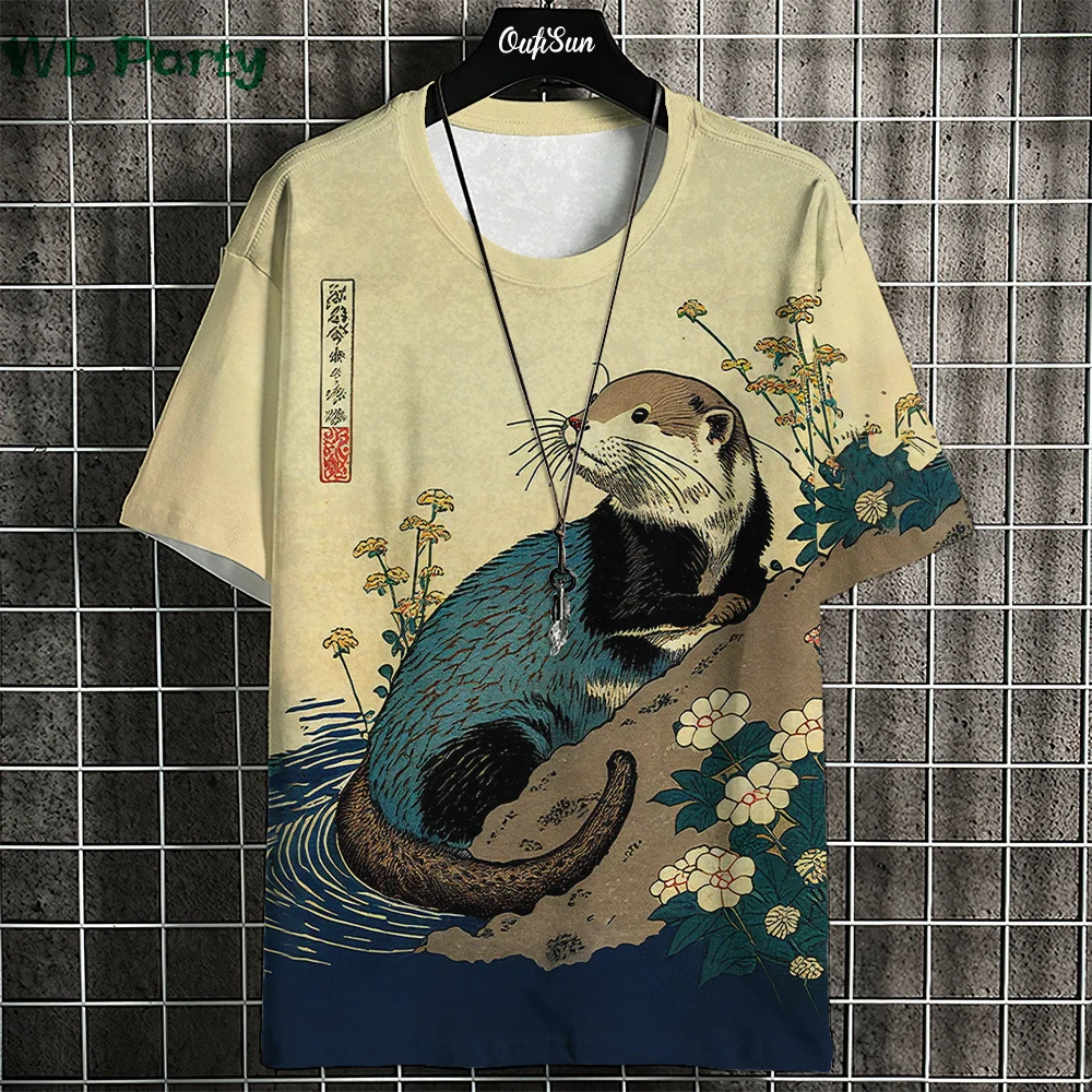 Japanese Ukiyo-E T shirt Men Animal Print Graphic T shirts Vintage Men\'s Clothing Round Neck Short Sleeve Tee Harajuku T-shirt