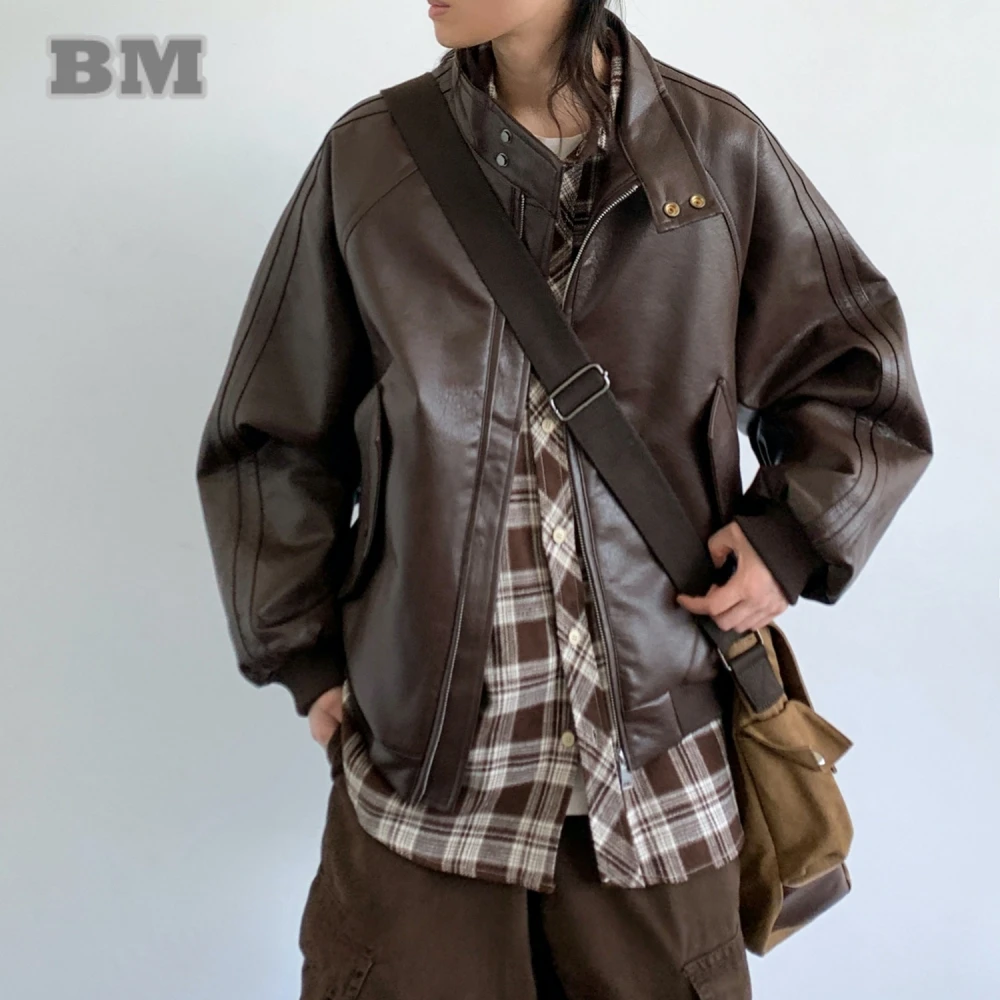 

Мужские американские винтажные мотоциклетные кожаные куртки для мужчин, ветрозащитный воротник-стойка, корейская уличная одежда, пальто высокого качества, модные топы