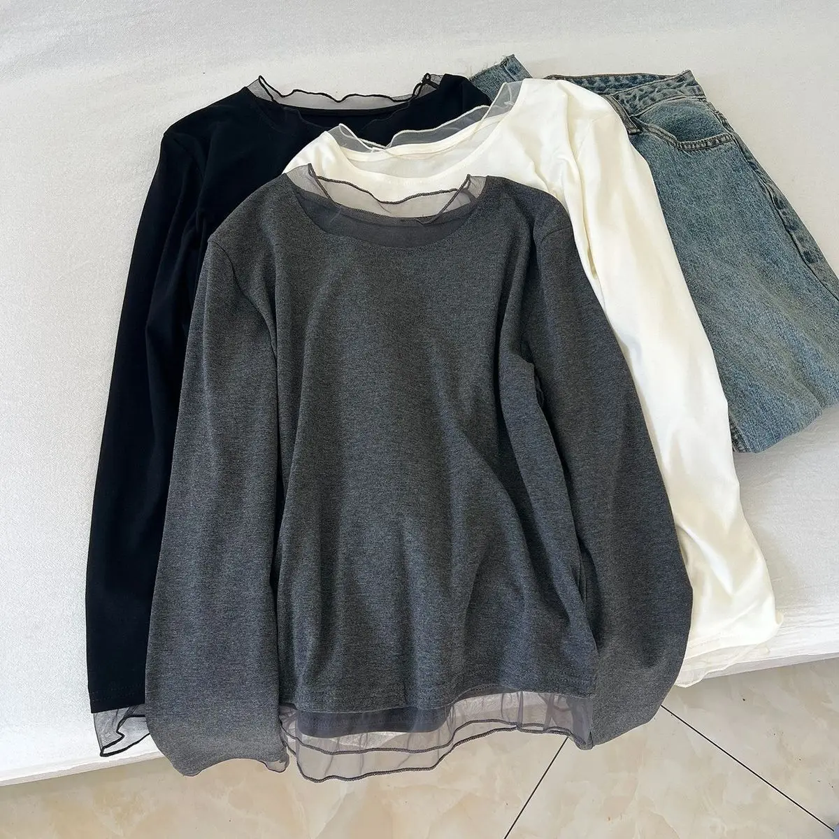 Gauze Round Neck Tees Solid Color Long-sleeved T-shirt Women Autumn Bottoming Shirt Basic Top White Camisetas Roupas Feminina