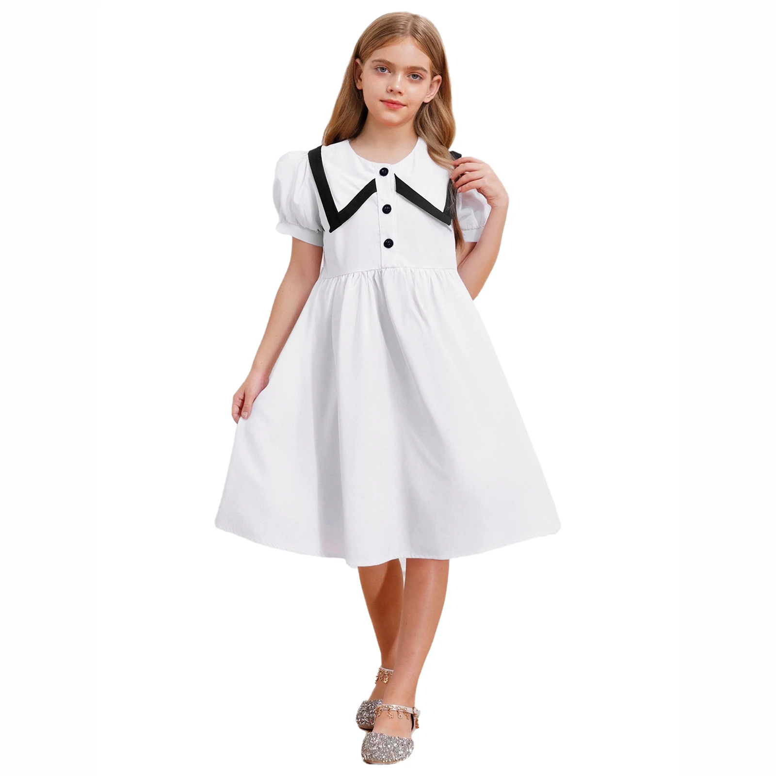 

Summer Kids White Dresses for Girls School Uniform Clothes Teenagers Short Puff Sleeve Party Dress Baby Children Costume 3-14Y