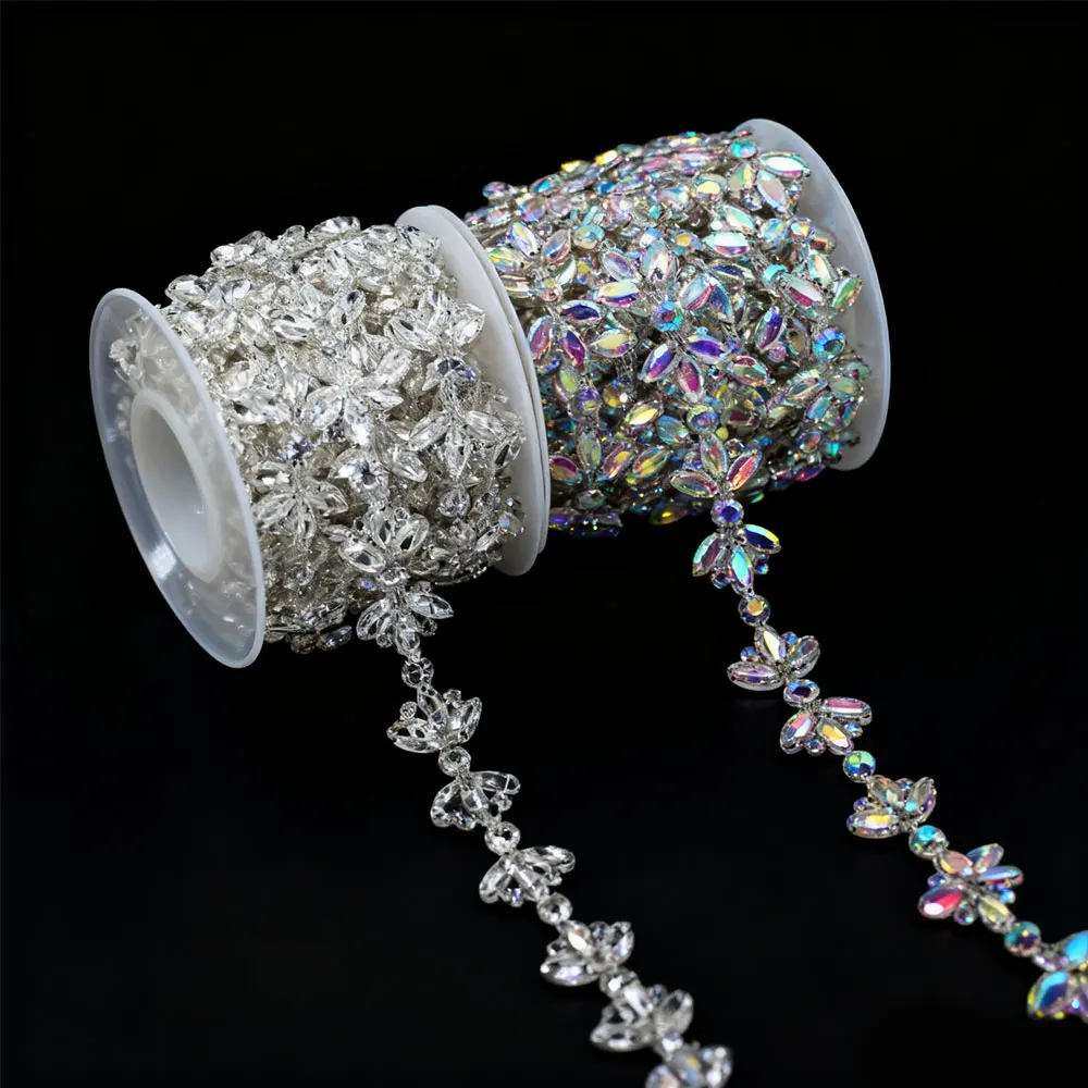 

DIY Decoration Shoe Accessory Floral AB Color Silver Glass Crystal Chain Rhinestone Trim Handmade Clothing Decoration Chain