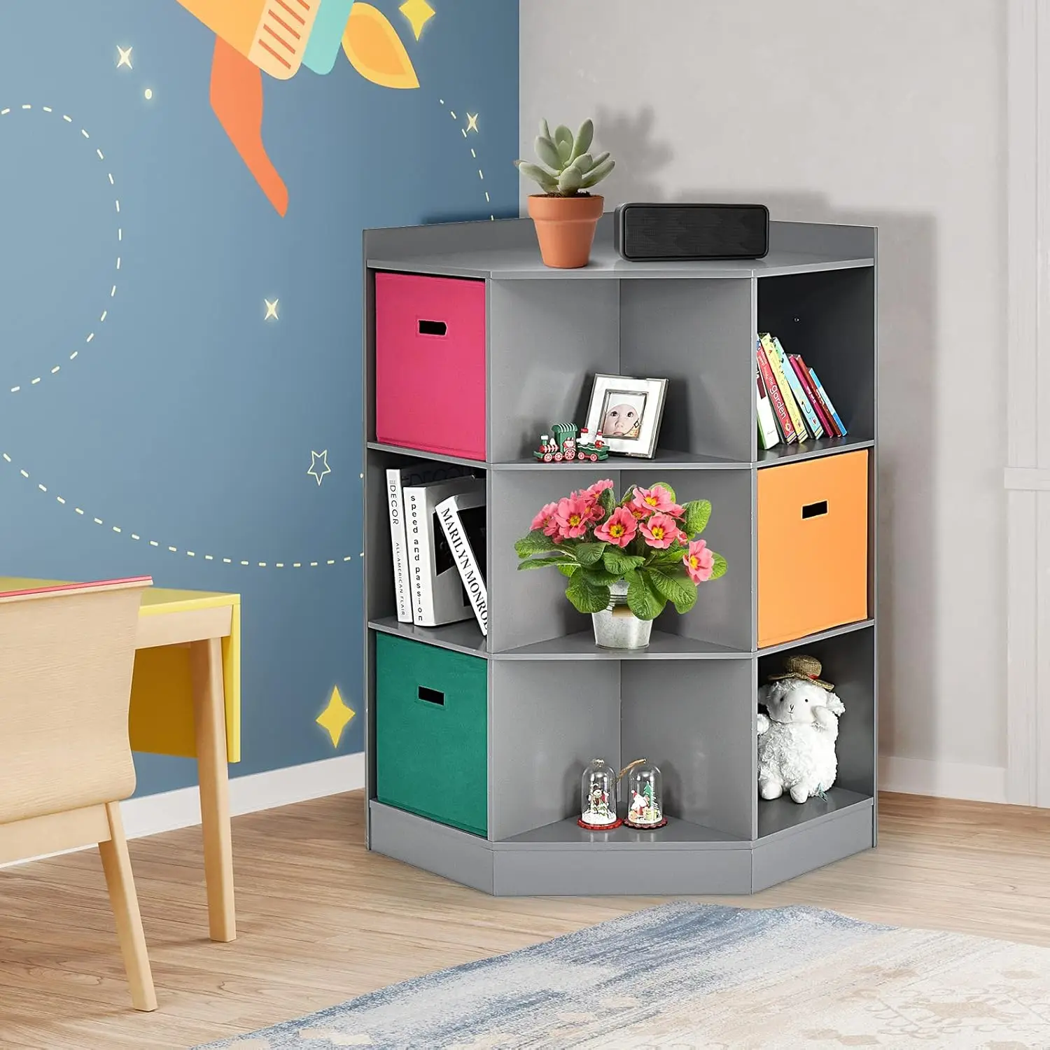 9-Cubby Kids Bookcase with Extra Large Storage Baskets, Multi-Bin Children's Organizer Shelf with 6 Cubes and 3 Shelves,