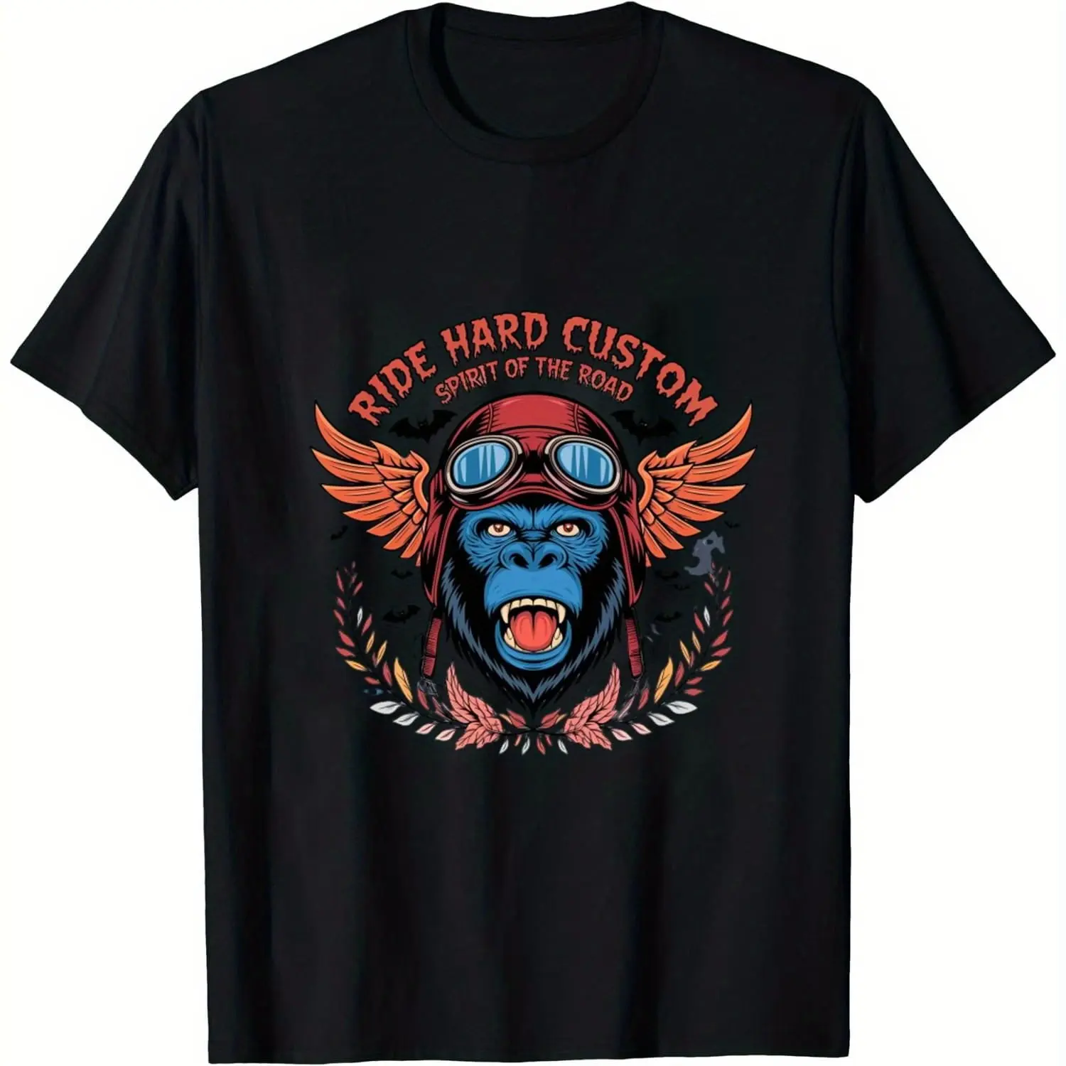 

Men's Ride Hard Spirit of the Road T-Shirt - 100% Cotton Black Pattern T-Shirt with Eagle and Wings Design