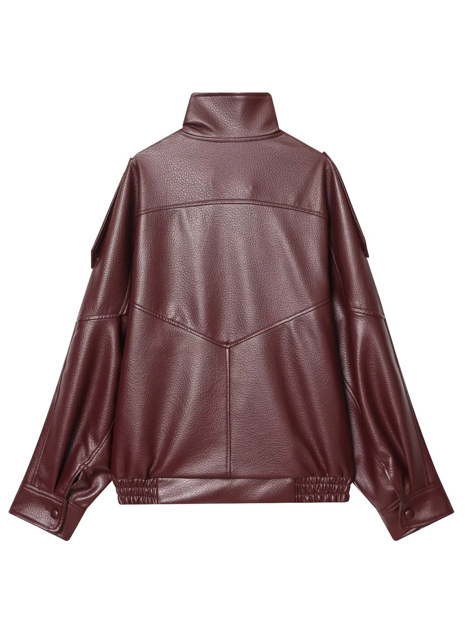 سترة فضفاضة من الجلد الصناعي للسيدات ماركة 2026 معطف عالي الشارع بياقة واقفة وأكمام طويلة ملابس خارجية بسحّاب غير رسمية للخريف والشتاء #2