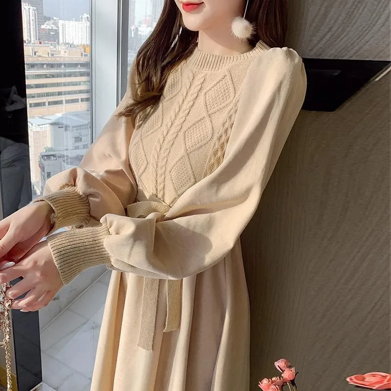 여성 패션 니트웨어 여성 의류 봄 가을 긴팔 A라인 풀오버 드레스 여성 니트 스웨터