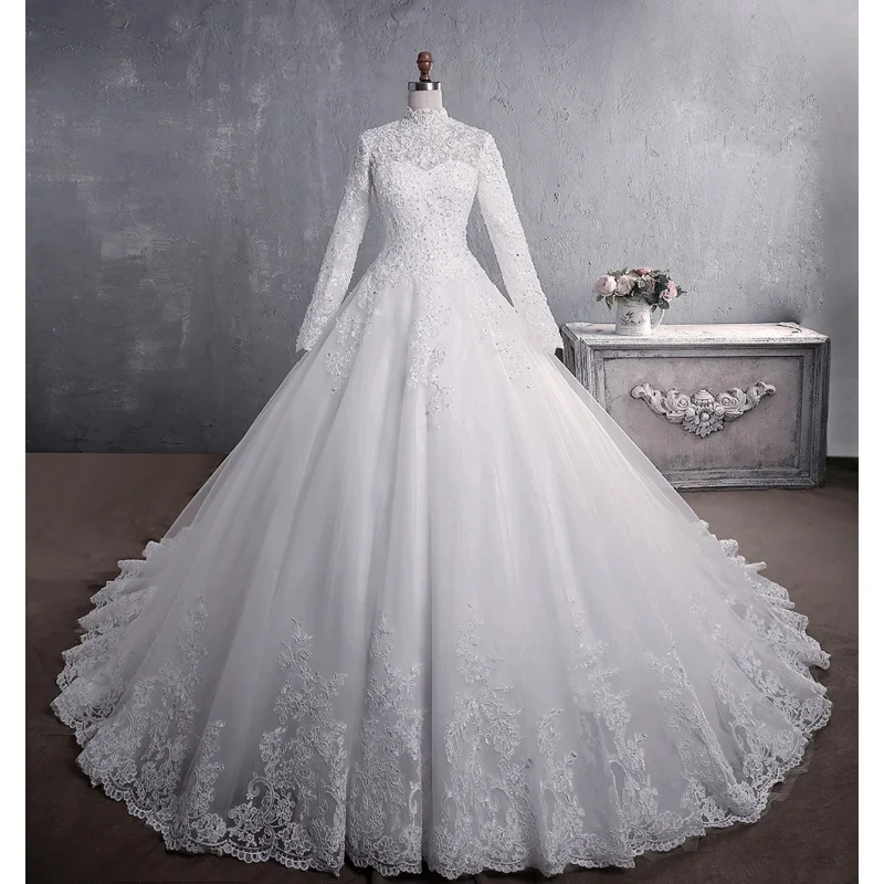 Wedding Dress Long Sleeve Muslimah Lace Bridal Stand Collar Large Tail Dinner Dresses Evening Ball Muslim Bride Gown L0001S