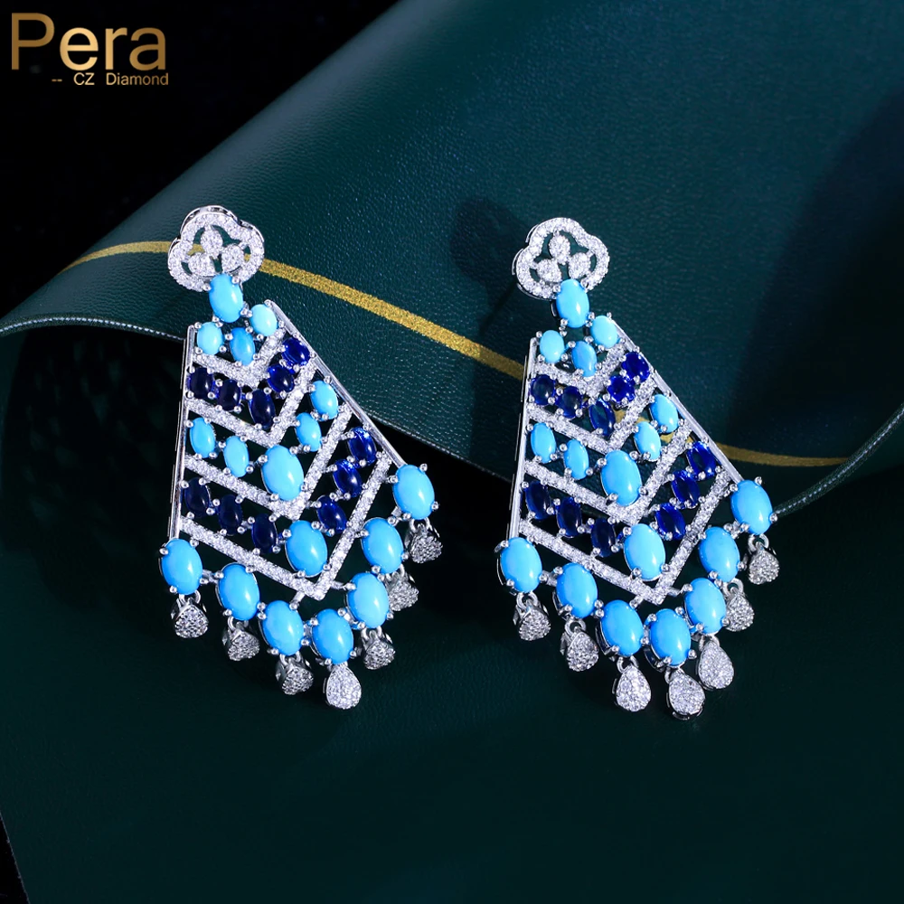 Pera Ethnic Style Blue Turquoise With Zircon Inlaid Long Tassel Drop Earrings Summer Weeding Jewelry Gift For Women Girl E888