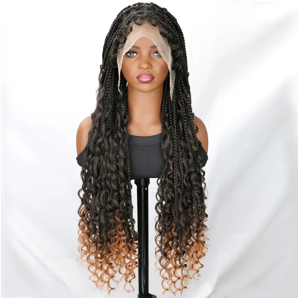 Boîte de perruques tressées pour femmes noires, Boho synthétique, sans nœud, extrémités ondulées, Full Lace Front Afro, tresses, cheveux de bébé, 36 ", 03 utilisation