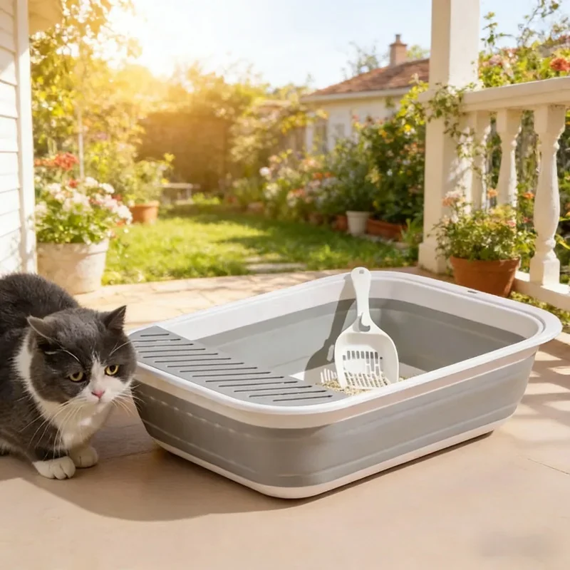 Halbgeschlossene Großraum-Katzentoilette, Tragbare Faltbare Katzentoilette, Anti-Spritz-Katzenklo, Reinigungsbadebecken für Haustiere