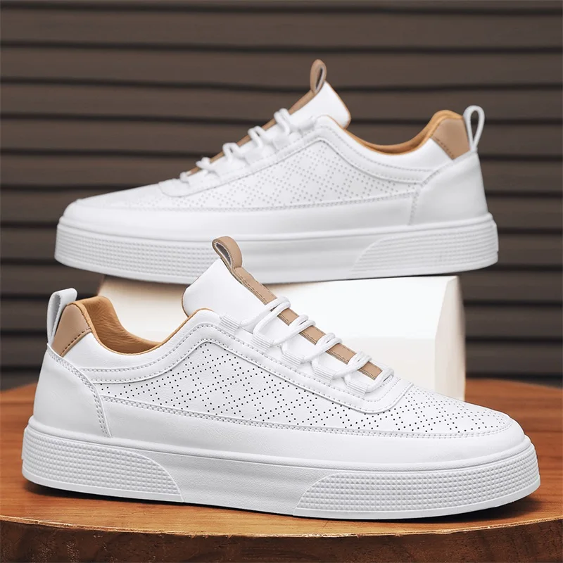 Men White Shoes Leather Casual Sneakers 2024 Trend Platform Shoes Comfortable Vulcanized Shoes for Men White Tenis Masculinos