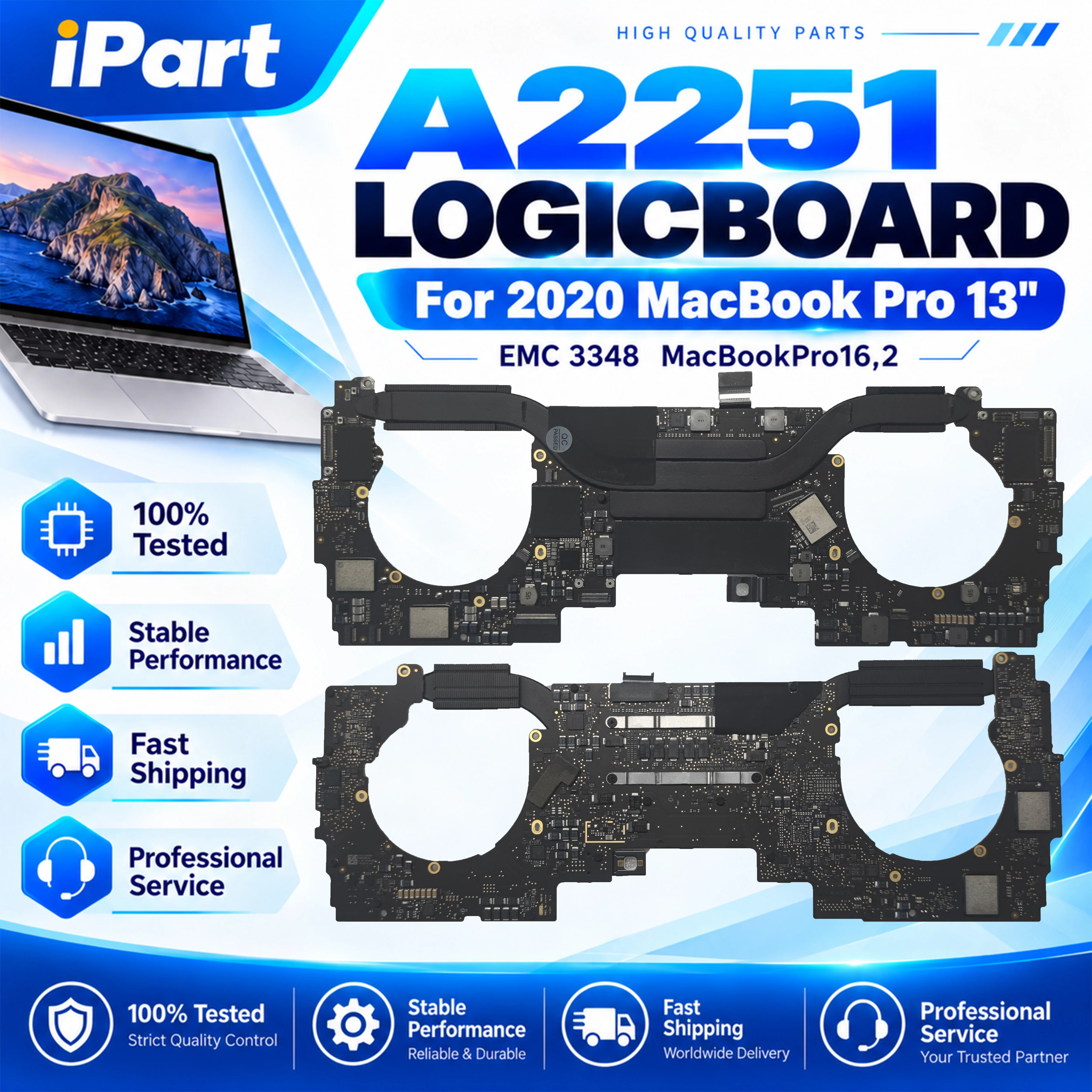 A2251 LogicBoard For MacBook Pro 13-inch, 2020, Four Thunderbolt3 ports EMC3348 MacBookPro16,2 16G RAM 820-01949-A i5 i7-10x8NG7