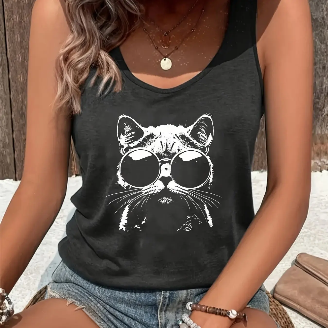 Loose plus size wing pattern printed round neck white vest summer casual sleeveless top women's clothing