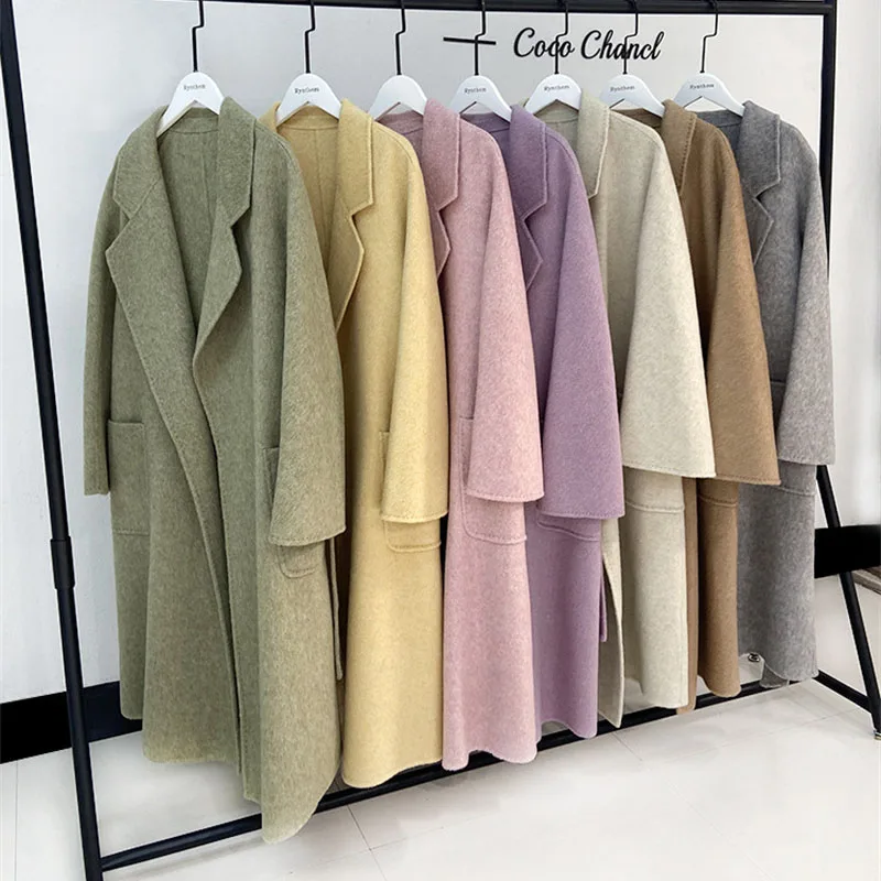 

High Quality Double-faced Wool Cashmere Coat Women X-Long Jacket 2024 Autumn Winter Wool Coats Lady Belt Loose Woolen Overcoat