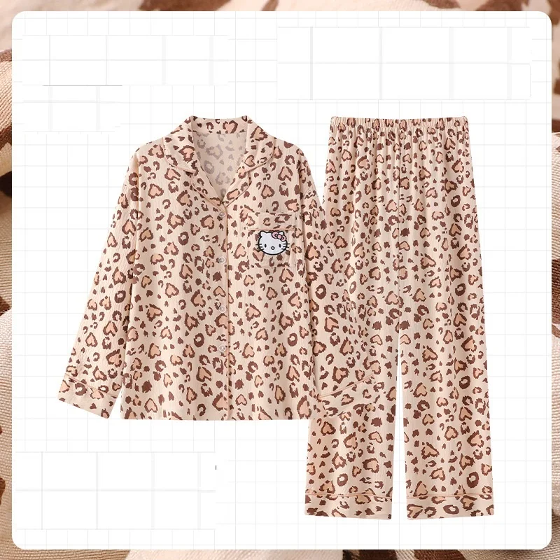 

Sanrio Hello Kitty пижамы с леопардовым принтом Kawaii, женские длинные брюки с длинными рукавами и длинными рукавами, кардиган с лацканами и облаком, хлопковый комплект домашней одежды