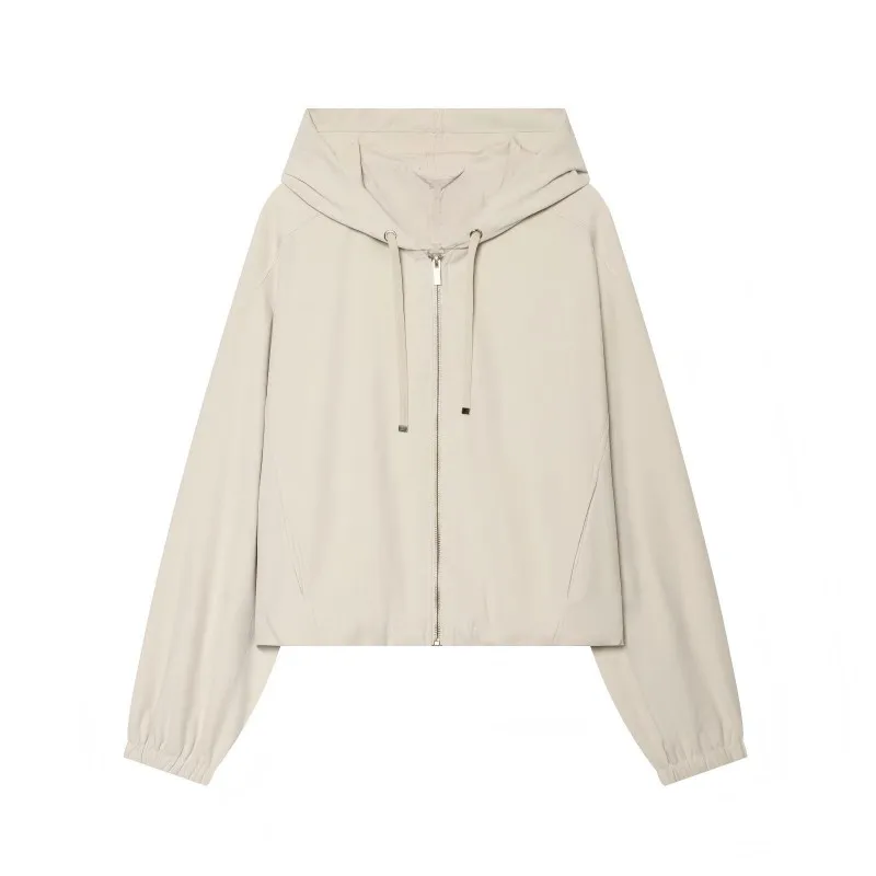 Women Hooded Zip Up Jacket Long Sleeve Casual Loose Bomber Coat Female Solid Color Elastic Cuff Spring Autumn Outerwear