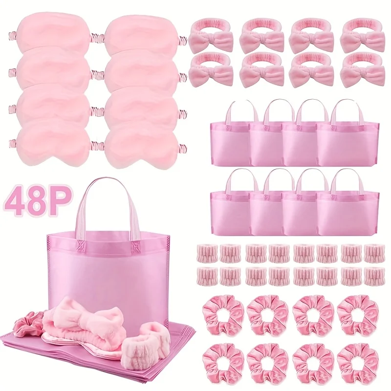 

48 Pack Pink Sleepover Party Kit-Includes 8 Eye Masks, 8 Skincare Bows, 8 Headbands, 16 Wristbands and 8 Tote Bags-Perfect Spa a